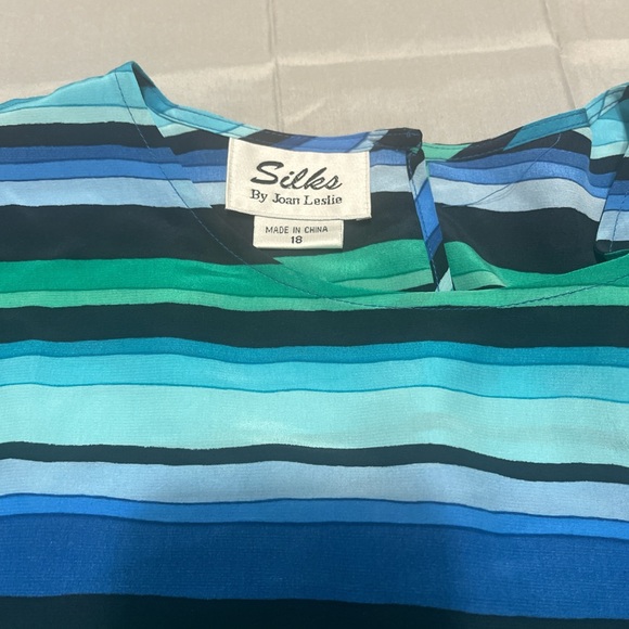 Silks By Joan Leslie" Vintage Size 18 Blue Green Striped Silk Blouse Top - Picture 2 of 5